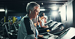 Fitness, earphones and music with woman on treadmill for workout playlist, training club and runner. Streaming, exercise and health podcast with mature person on running machine for radio and gym
