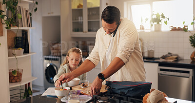 Buy stock photo Father, girl and phone call in kitchen, breakfast and multitasking with helping hand, love and care. Dad, child and food with diet, nutrition and packing lunch with healthy meal at family house