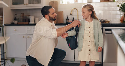Buy stock photo Kitchen, father and child with backpack for school, help and bonding together with morning routine. Home, parenthood and dad with girl ready for leaving, education and learning on first day in house