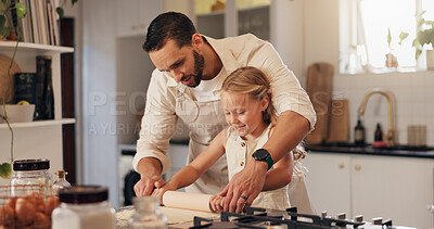 Buy stock photo Baking, man and child with roller in kitchen, learning and help for father with dough and meal prep. Cooking, person and daughter with flour for culinary skills, growth and development of kid in home