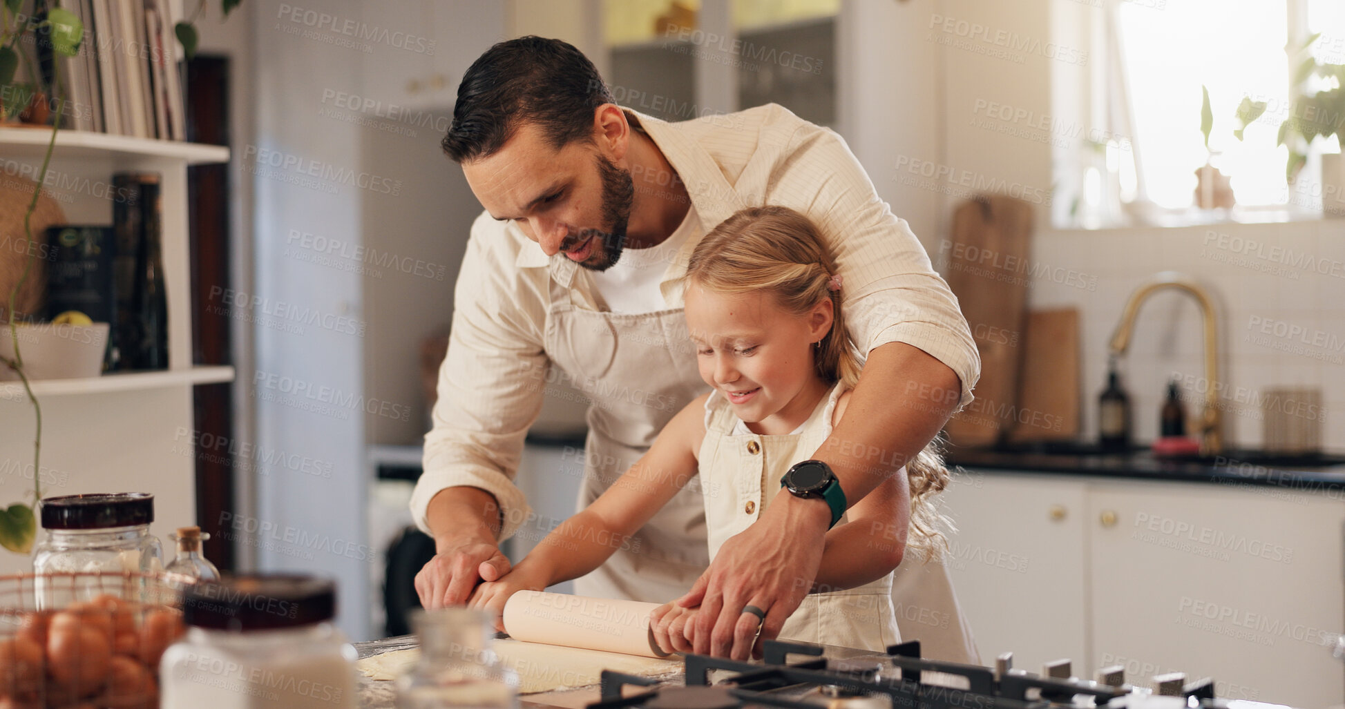 Buy stock photo Baking, man and child with roller in kitchen, learning and help for father with dough and meal prep. Cooking, person and daughter with flour for culinary skills, growth and development of kid in home