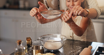 Buy stock photo Baking, parent and child with ingredients in kitchen, teaching and helping for dessert or meal prep. Cooking, person and daughter with flour for culinary skills, growth and development of kid in home