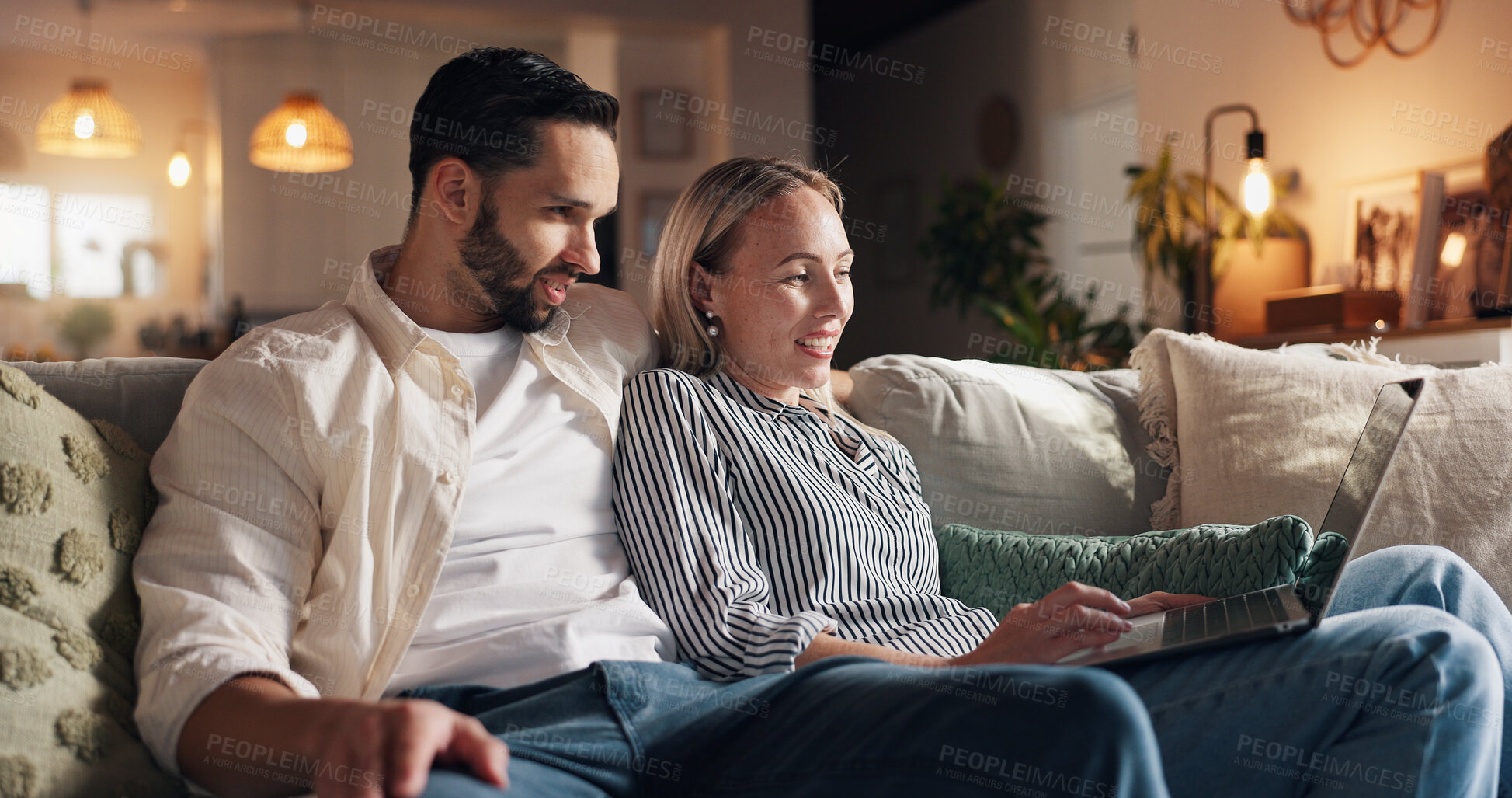Buy stock photo Home, laptop and couple on sofa, smile and bonding together with happiness in lounge. Apartment, man and woman on couch, computer and online entertainment with email and streaming service for movie