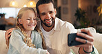 Father, girl and hug with selfie on couch, memory and happy with care, love and bonding in family home. Dad, child and people with photography, profile picture and embrace for social media at house