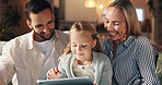 Home, parents and girl with tablet, smile and bonding together with online reading. Happy family, apartment and father on sofa, mother and daughter with tech, internet and help with app for games