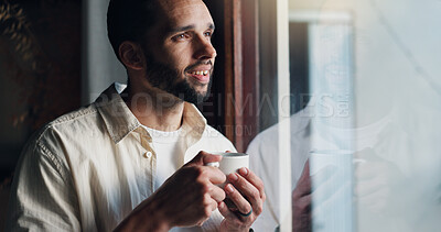 Buy stock photo Thinking, coffee and smile with man at window of living room for reflection, idea and relax. Happiness, memory and future with male person and drink at home for vision, peace and inspiration
