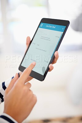 Buy stock photo Tablet, screen and hands with chat app for communication, texting and contact or date online. Person typing on digital technology at home with message for ui and internet, reading and social media 