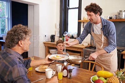 Buy stock photo Gay, couple and child in kitchen for breakfast with happiness in morning to eat for bonding, support and care. Adoption, family and mature men for meal with coffee, table and enjoy together with love