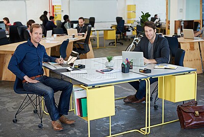 Buy stock photo Men, portrait and business with laptop for teamwork, partnership or collaboration for digital internet search in company. Office, coworking and happy colleagues, technology for online website design