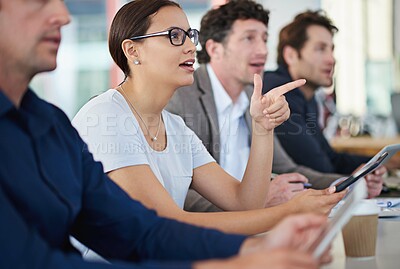 Buy stock photo Business woman, colleague and talking in meeting with digital device in career or planning project management. Professional female analyst with male coworkers and ask question for innovative strategy