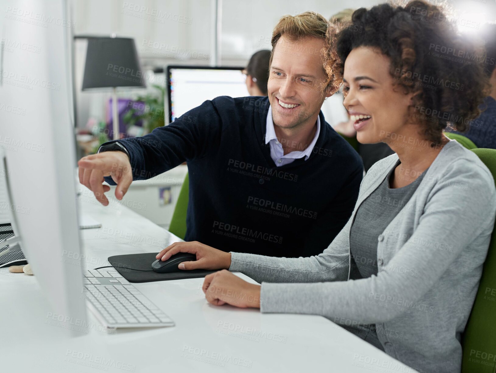 Buy stock photo Computer, people and smile at office for teamwork, collaboration and research as copywriter. Pointing, employees and happy with training or support for company, career and job growth with help