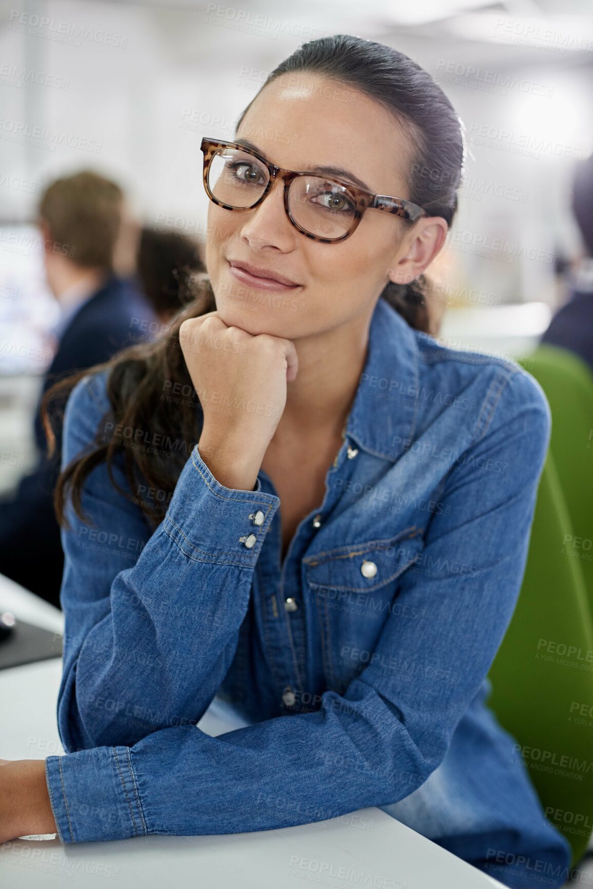 Buy stock photo Portrait, woman and office with smile, creative and thinking for workplace, decision and business in startup. Female person, programmer and information in systems, design and specialist with glasses