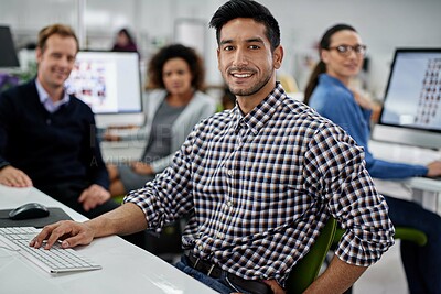 Buy stock photo Portrait, man and people with smile at office for career, company and job growth as graphic designer. Computer, employee and happy with confidence with teamwork, collaboration and research or project