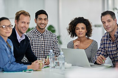 Buy stock photo Meeting, laptop and portrait of business people in office for creative research in collaboration. Technology, discussion and copywriting team work on public relations project on computer in workplace