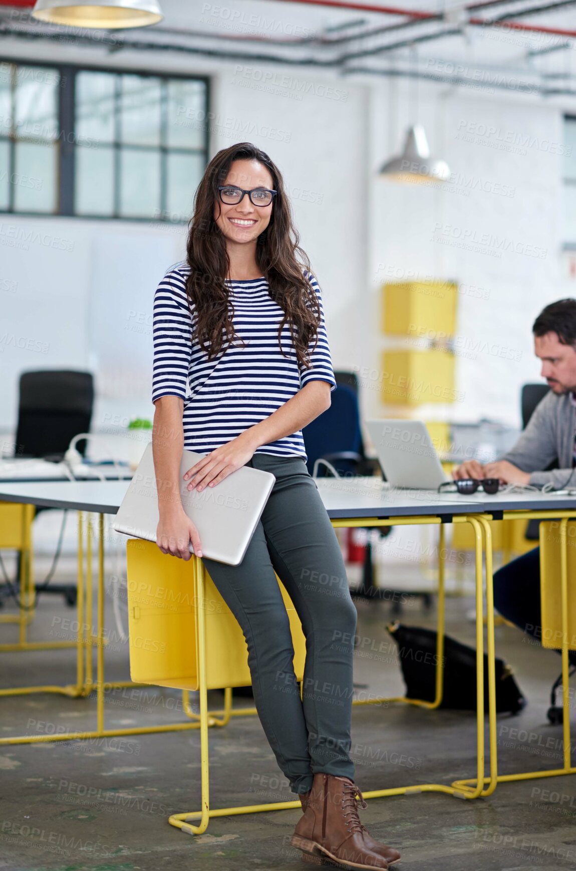 Buy stock photo College, tutor and portrait of woman at academy for education with laptop in office or class. University, teacher and study with girl for information, knowledge and work at desk on campus with tech