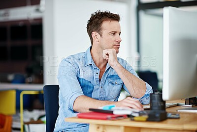 Buy stock photo Man, office and thinking on computer with research for creativity, designs and ideas for project as graphic designer. Employee, working and desktop in desk in startup business or agency with deadline