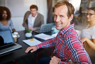 Buy stock photo Man, office and portrait with team at desk for strategy with meeting for research with smile. Working, collaboration and briefing or project with plan for hustle with workforce in Sweden with pride