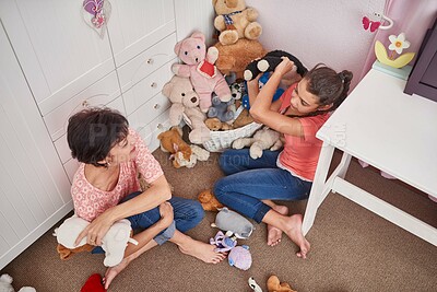 Buy stock photo Bedroom, relax and mother with girl on floor at home for childhood development, bonding and love. Mom, kid and teddy bear on ground with connection, support and care in motherhood from above