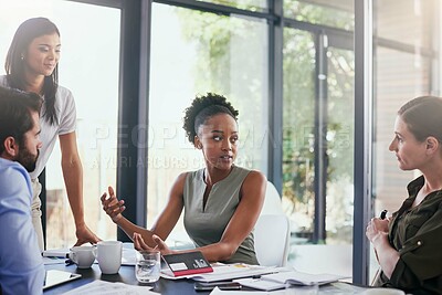 Buy stock photo Meeting, business people and discussion in office for collaboration, review and planning project. Professional, diversity and employees for speaking, proposal ideas or teamwork at consulting agency
