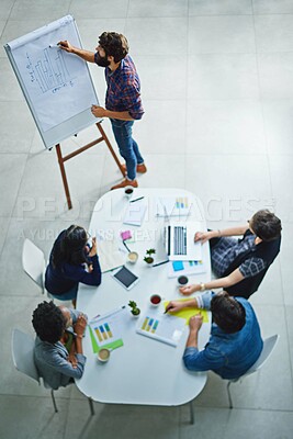 Buy stock photo Top view, brainstorming or business people in meeting, teamwork or charts for organizing, analysis or ideas for design. Creative agency, group or staff with mentor, workshop or whiteboard for project