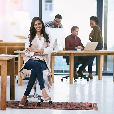 Buy stock photo Manager, woman and office with colleagues and portrait, successful and professional worker. Management, chair and meeting with employees, web designer and creative agency with executive female person