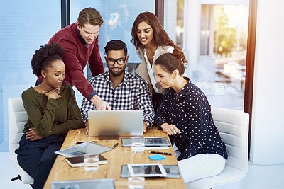 Buy stock photo Computer, business people and help in office, employee and manager or mentor. Technology, learner and leader at desk for teaching seo, website and online for digital working and collaboration