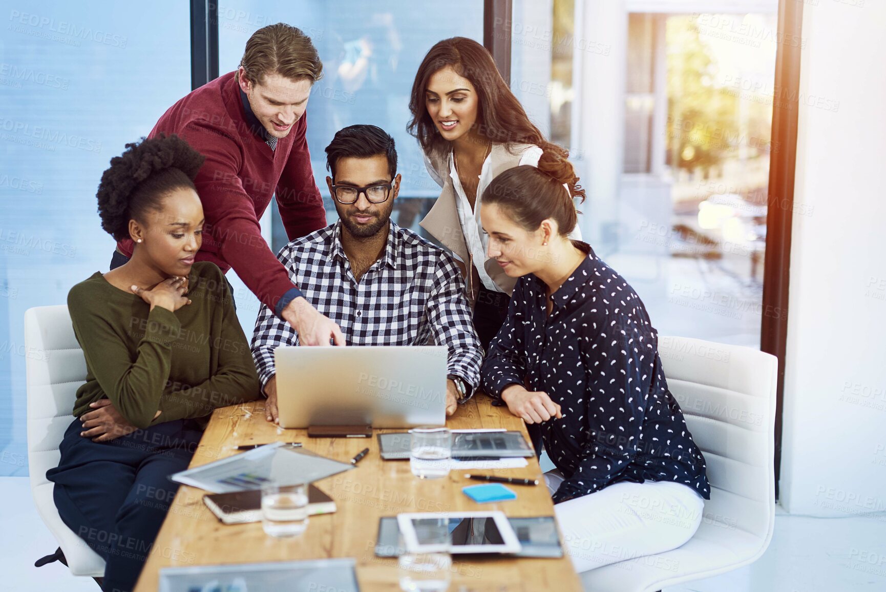 Buy stock photo Computer, business people and help in office, employee and manager or mentor. Technology, learner and leader at desk for teaching seo, website and online for digital working and collaboration