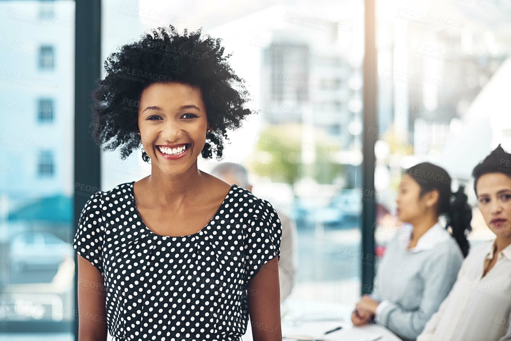 Buy stock photo Portrait, woman and happiness in workplace for internship, project review and meeting. Female person, smile and conference in office for trainee position at creative agency in New York city.
