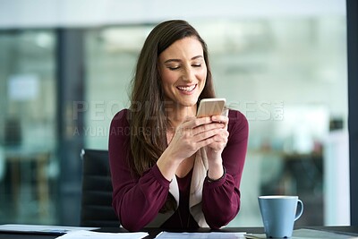 Buy stock photo Business, typing and woman at desk, cellphone and social media with contact, text and internet. Employee, copywriting agency and journalist with smartphone, connection and digital app for online news