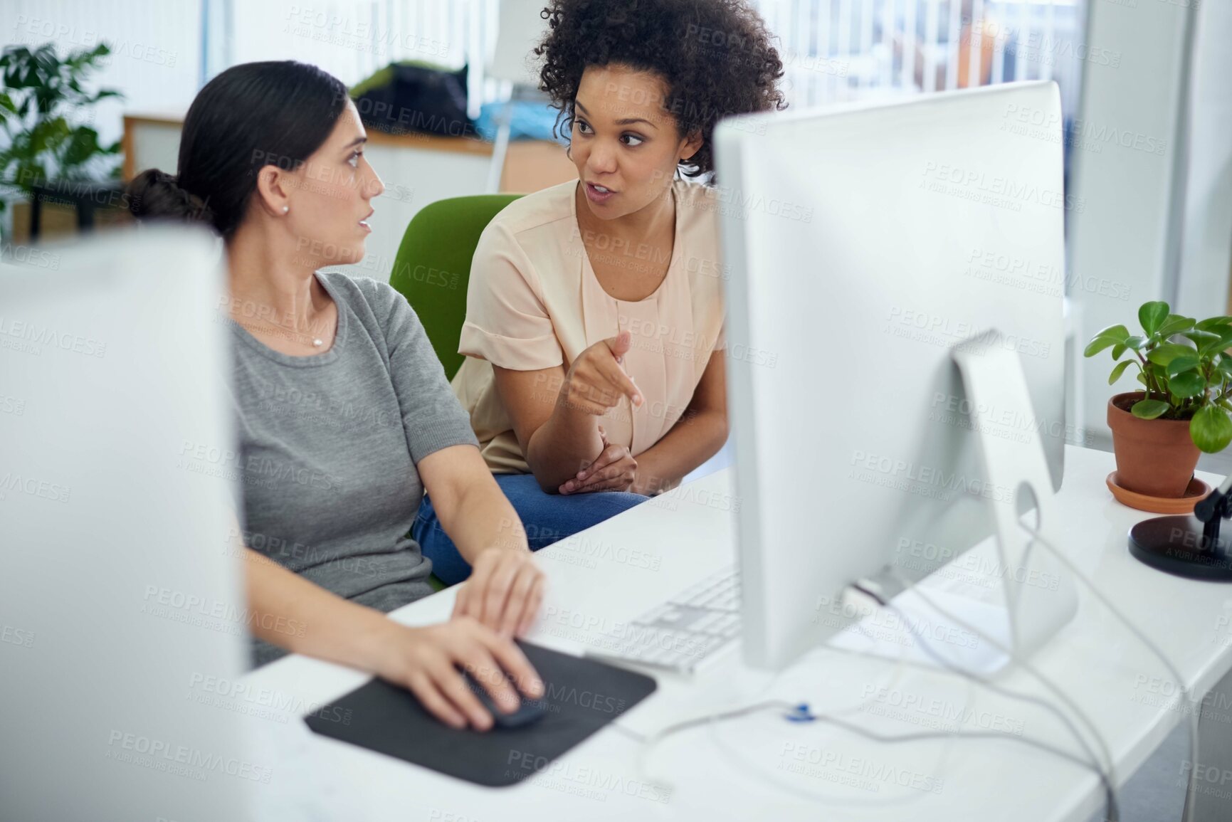 Buy stock photo Businesswoman, partner and computer in office as team or web designer talking with digital technology for creative project. People, pc and developer with research or feedback on report for agency