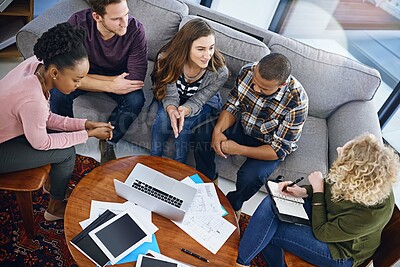 Buy stock photo Creative people, meeting and laptop above with team discussion for planning or strategy at office. Top view of employees or group with paperwork or documents for collaboration in startup at workplace