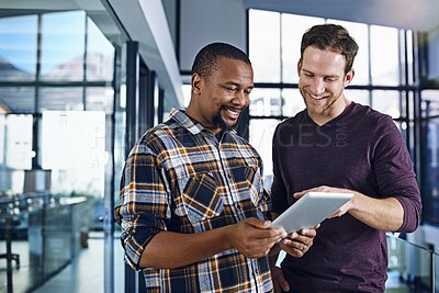 Buy stock photo Business, tablet or men in office building with good news, email or reading positive feedback, info or report review. Work, friends or digital search for checklist app, planning or project discussion