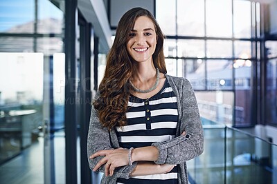 Buy stock photo Office, crossed arms and portrait of business woman with company pride, confidence and smile. Creative startup, professional and happy person for career, work opportunity and job in workplace