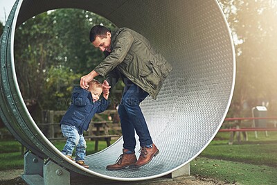 Buy stock photo Dad, child and playing together in playground with happy laugh, trees and bonding in outdoor garden. Father, son and playful games in park for growth, development and fun with energy, smile and care