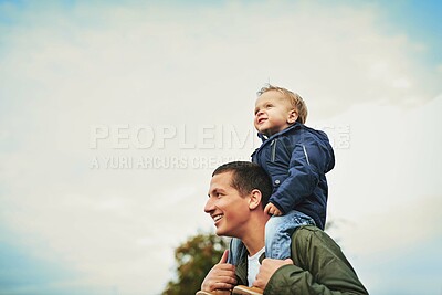 Buy stock photo Sky, dad and child on shoulder in nature with happy smile, grass and bonding fun on outdoor adventure. Father, son and support in backyard for growth, development and trust with care in childhood