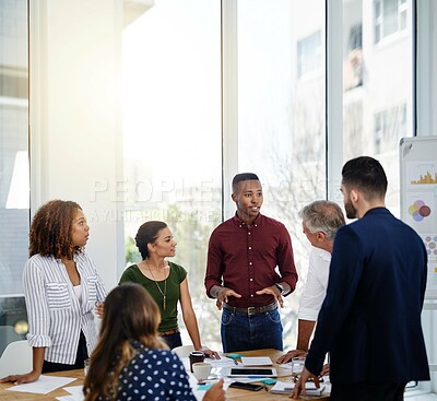 Buy stock photo Collaboration, meeting and presentation with group of business people in office together for training workshop. Coaching, explain and planning with employee team in workplace for upskill development