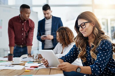 Buy stock photo Business people, brainstorming or woman with tablet, internet or typing with social media, web design or planning. Employee, staff or copywriting with tech, seo or email notification with digital app