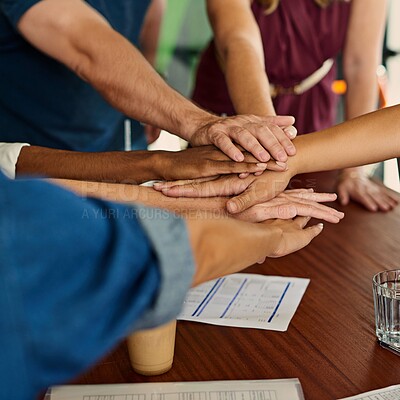 Buy stock photo Teamwork, hands together and business people in collaboration for trust or support. Group, solidarity or huddle in circle for success of community, celebration or goal achievement closeup in startup