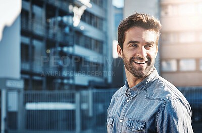 Buy stock photo Man, city and happiness in street for travel, wellness and explore in Los Angeles for summer. American male person, sunshine and smile in the morning for thinking and sightseeing in urban town