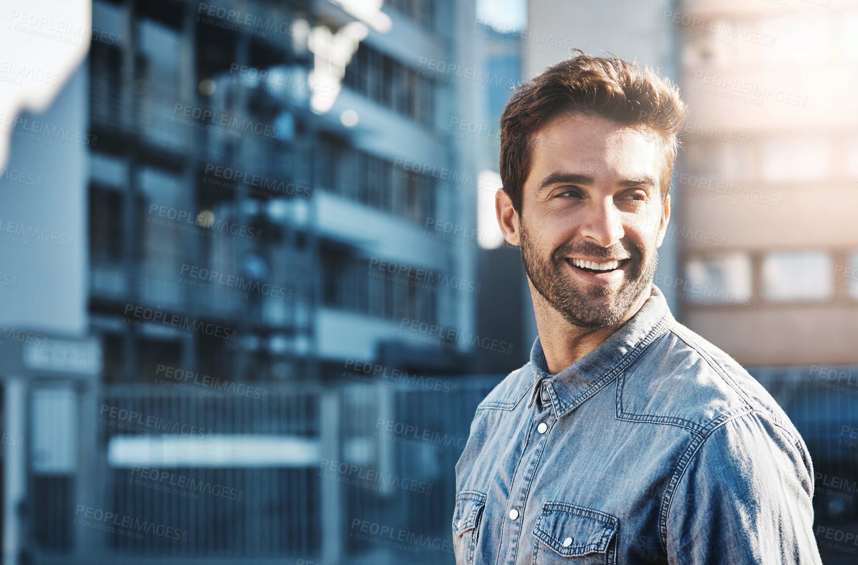 Buy stock photo Man, city and happiness in street for travel, wellness and explore in Los Angeles for summer. American male person, sunshine and smile in the morning for thinking and sightseeing in urban town