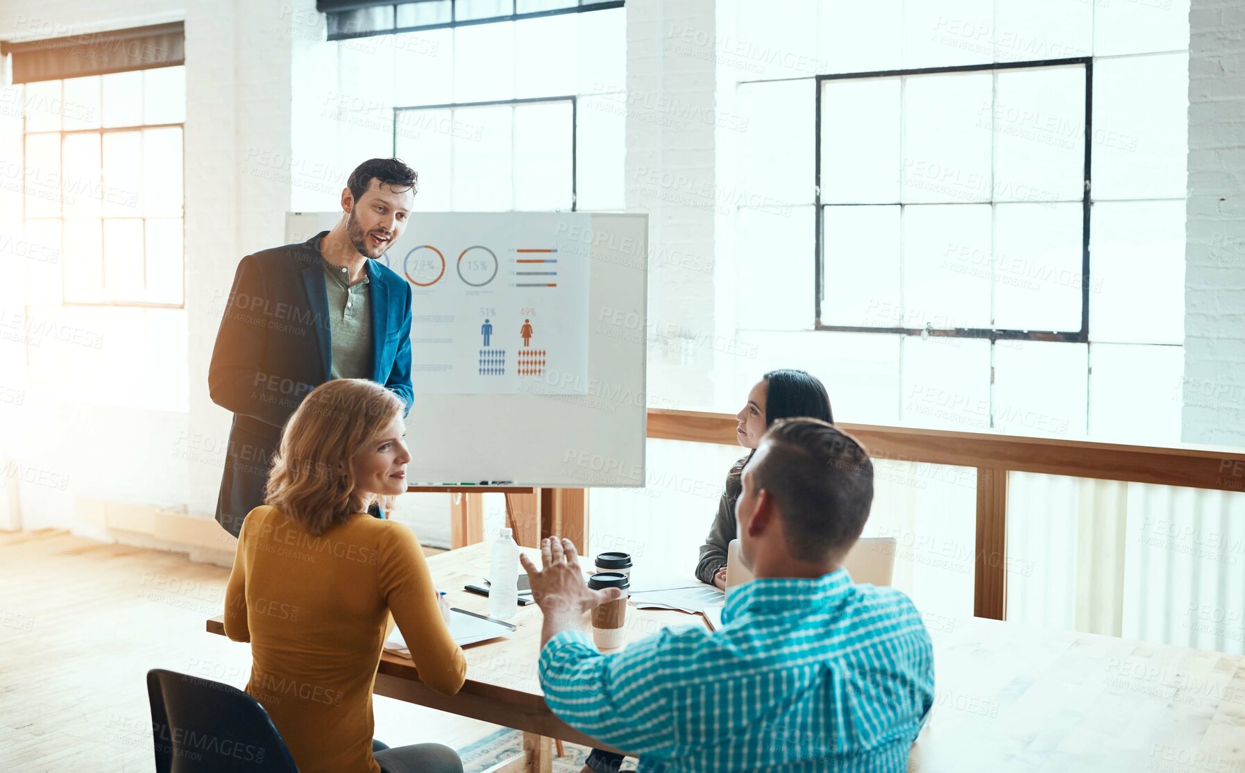 Buy stock photo Meeting, graphs and presentation for businesspeople, whiteboard and boardroom for sale report. Planning, finance and strategy with data for research, retail company or charts for information analysis