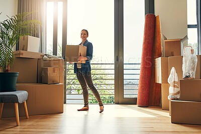 Buy stock photo Real estate, portrait and happy woman holding box for property sale, mortgage or investment. Moving, new home or person with cardboard for relocation, unboxing or packing in apartment with lens flare