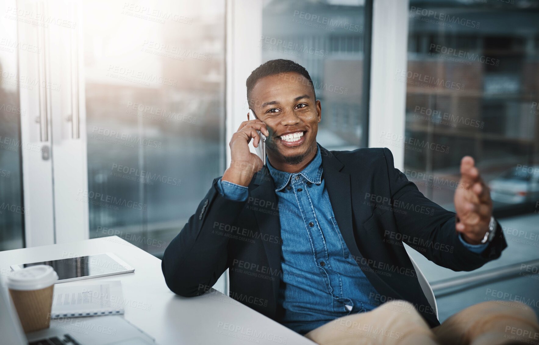 Buy stock photo Happy black man, discussion and phone call for proposal. communication or negotiation at office. Businessman or financial advisor with smile on mobile smartphone in friendly conversation at workplace
