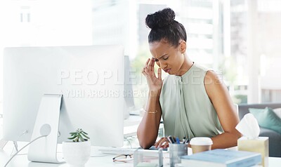Buy stock photo Administrator, stressed and business woman on computer, planning and schedule for company on technology. Receptionist, system administration and vision, working on company website with headache