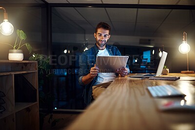 Buy stock photo Man, tablet and reading at night at startup with smile, thinking and review for project in modern office. Person, digital touchscreen and happy with planning, feedback and click on at creative agency
