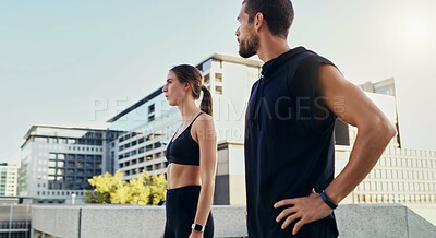 Buy stock photo Man, woman and city for fitness, workout and exercise in urban with partnership for training. Friends, collaboration and personal trainer in outdoor for wellness, couple and teamwork in New York 