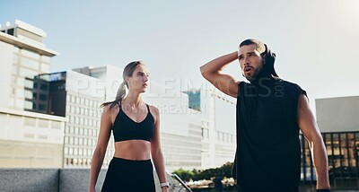 Buy stock photo Fitness, sports and couple in city for running, wellness and exercise with support for marathon training. Workout, performance and runner people outdoor for morning cardio, challenge or energy run