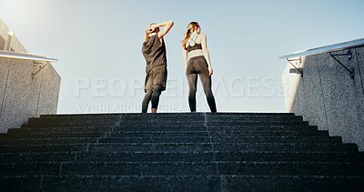 Buy stock photo City, steps and fitness couple outdoor for training, health or wellness with morning, cardio or performance challenge. Sports, exercise and back or runner people on stairs for body, workout or run