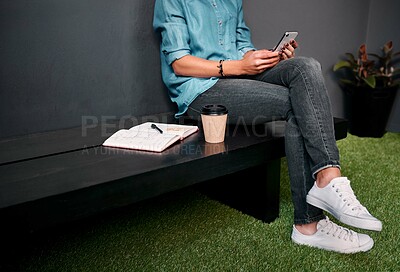 Buy stock photo Legs, phone or person hands for online chat, communication or reading website for study opportunity. Student on bench with mobile and notebook for planning with college FAQ, learning or registration