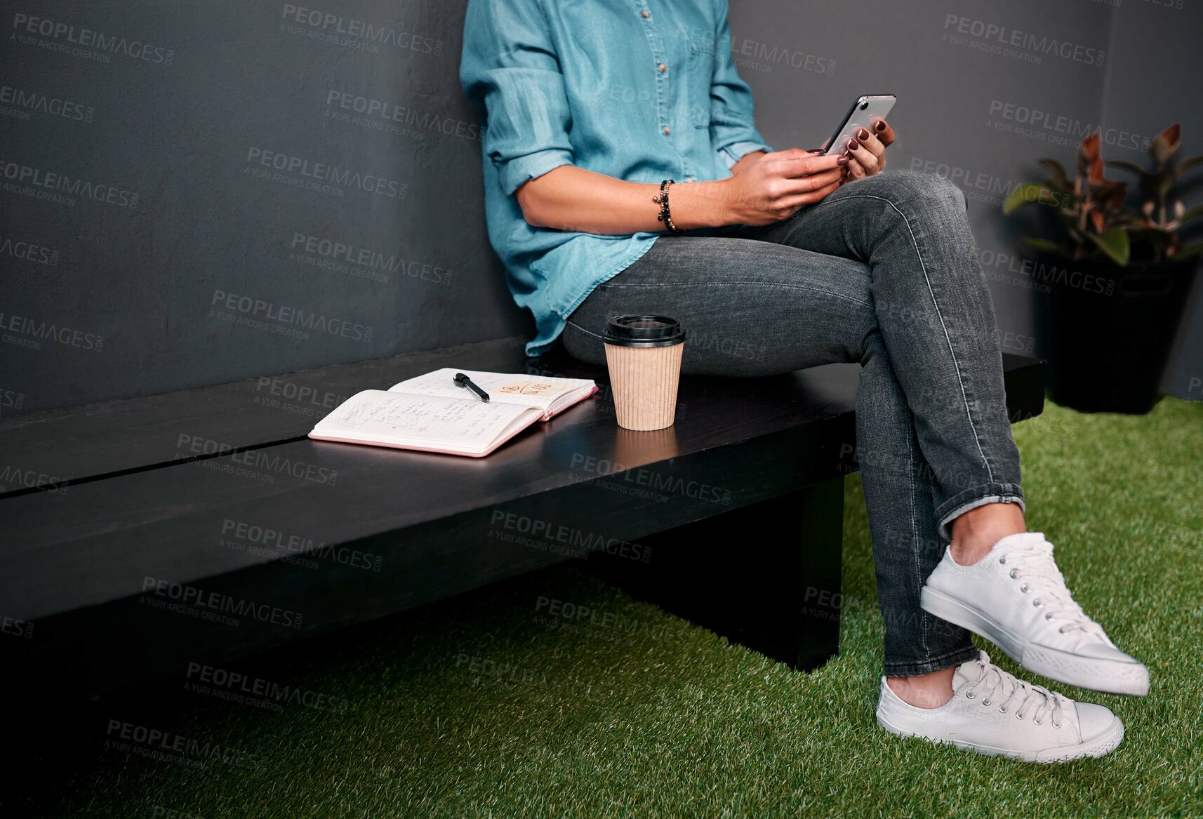 Buy stock photo Legs, phone or person hands for online chat, communication or reading website for study opportunity. Student on bench with mobile and notebook for planning with college FAQ, learning or registration